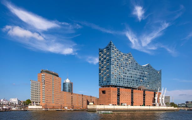 Elbphilharmonie building in Hamburg viewed from the harbor.
