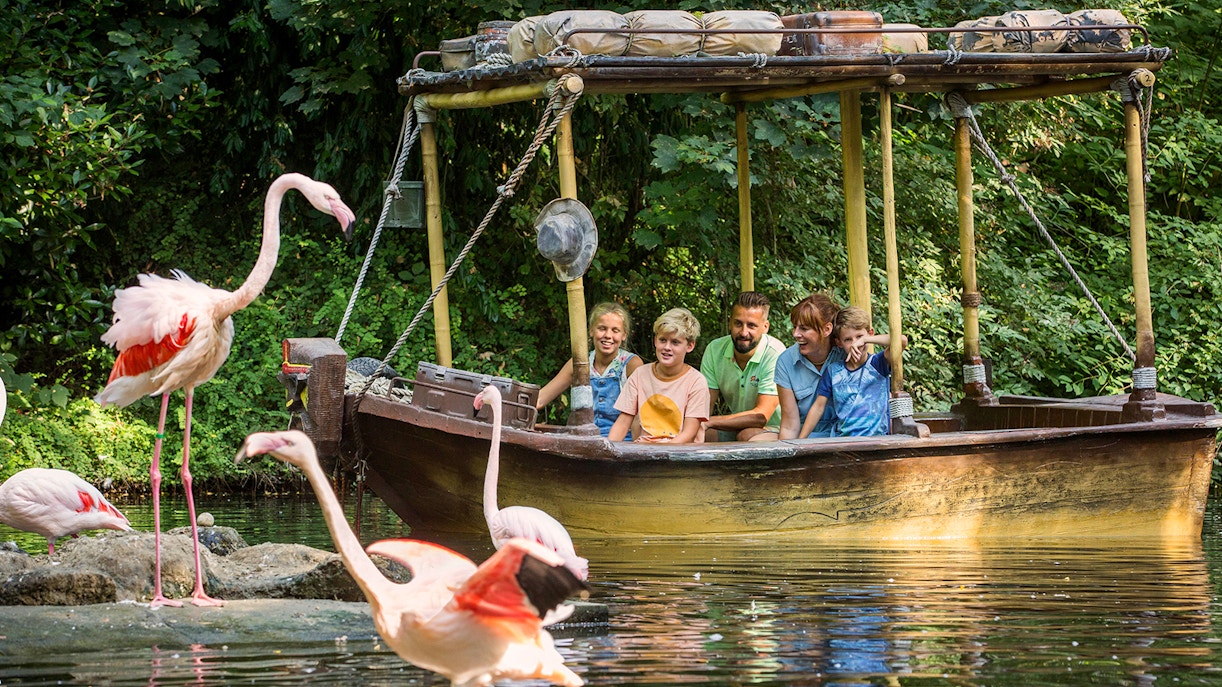 Visitors on jungle ride at Bellewaerde Park, Ypres, surrounded by lush greenery.