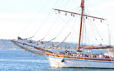 Sailing ship with tourists on a fjord sightseeing cruise in Oslo.