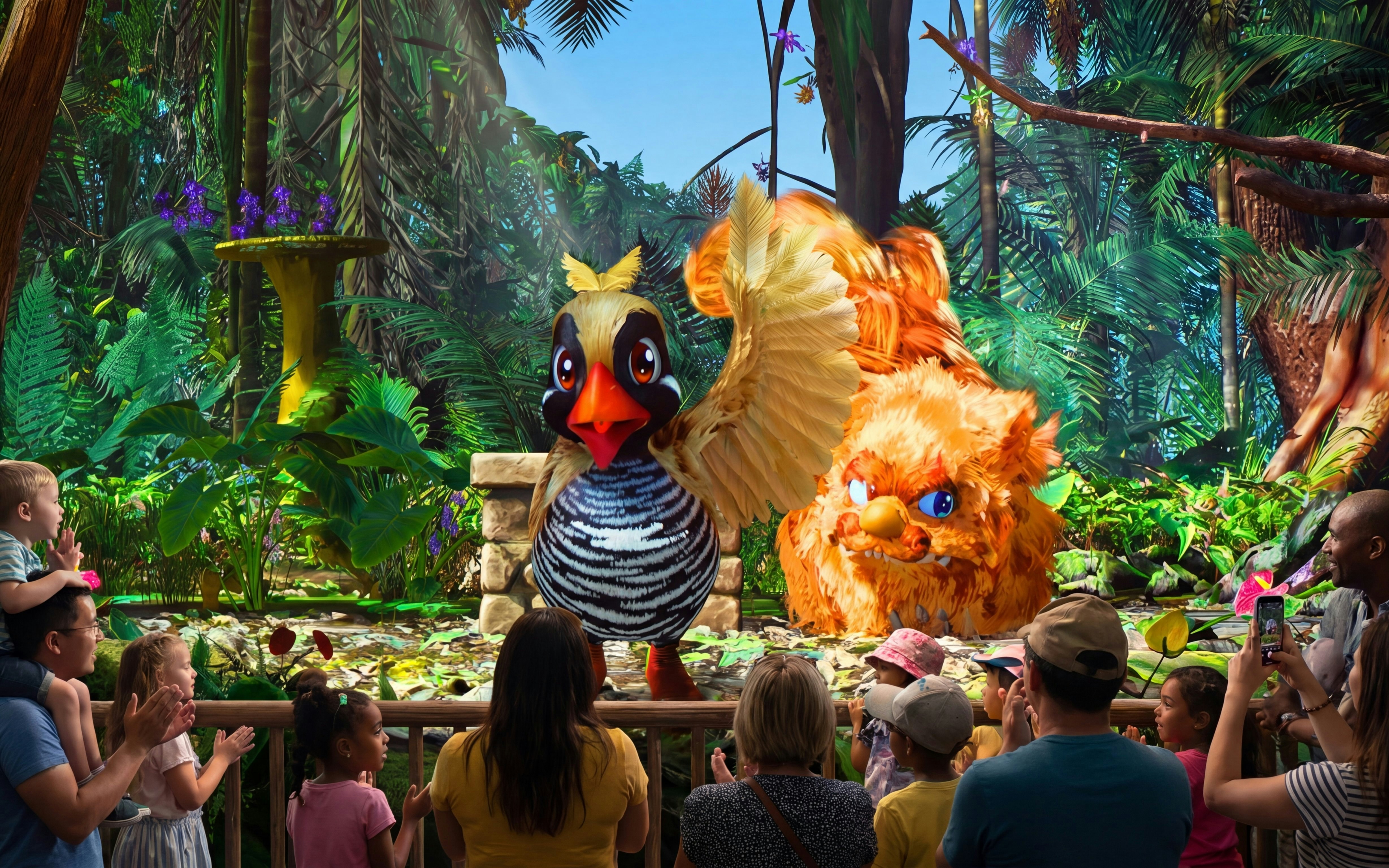 Children watching colorful characters in a jungle setting at Jungalia Okinawa Yambaru Friends.