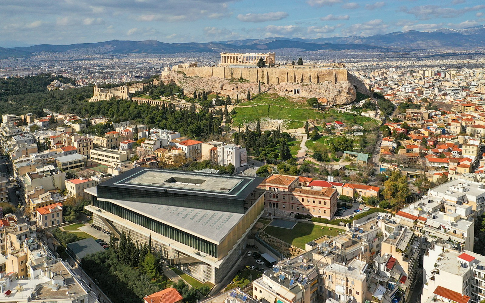 Aerial view of the Acropolis Museum in Athens, Greece, showcasing its modern architecture.