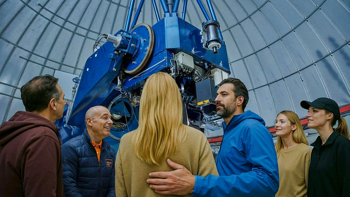 Guests observing telescope at Mount Teide observatory during astronomic tour.