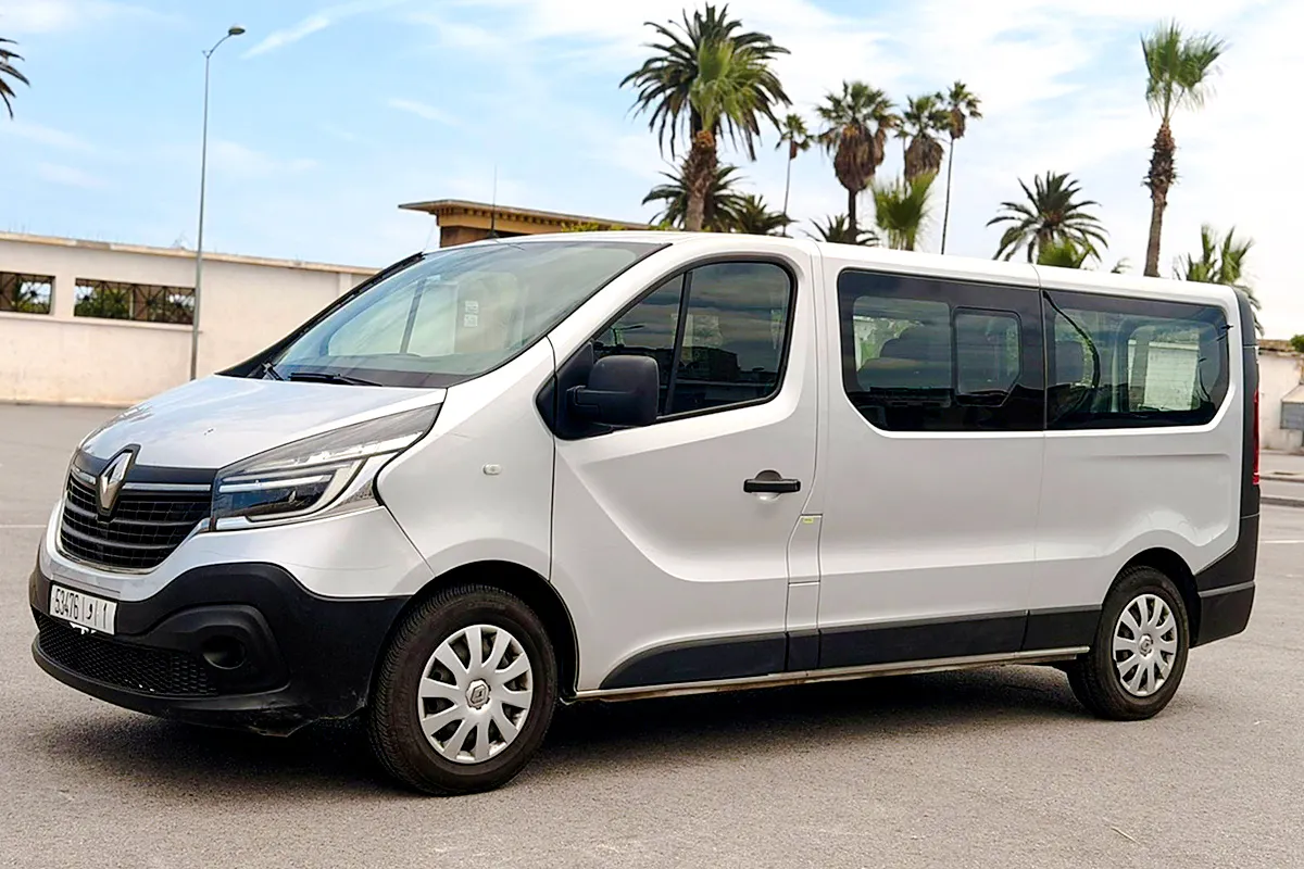Silver van for airport transfers in Marrakech, parked with palm trees in the background.