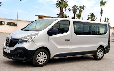 Silver van for airport transfers in Marrakech, parked with palm trees in the background.
