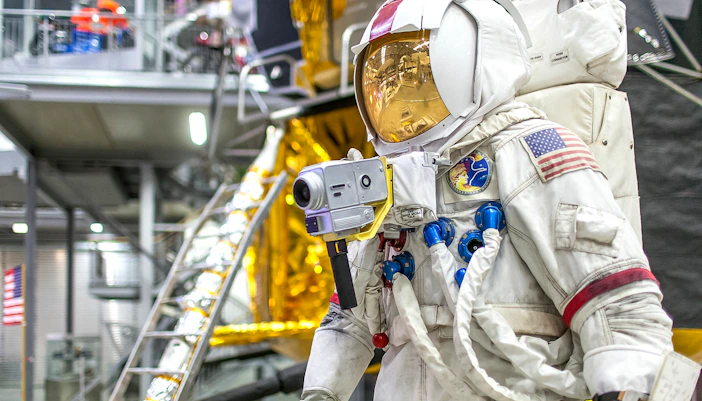 Astronaut suit display at Technik Museum Speyer with lunar module backdrop.