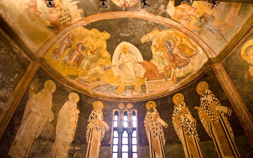 Frescoes depicting religious figures and scenes inside Kariye Mosque, Istanbul.