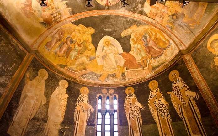 Frescoes depicting religious figures and scenes inside Kariye Mosque, Istanbul.