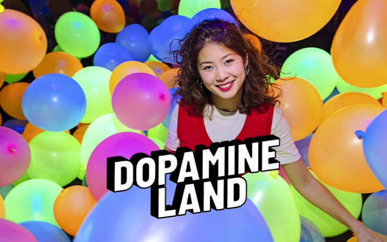 Lady surrounded by colorful balloons at Dopamine Land multisensory experience.
