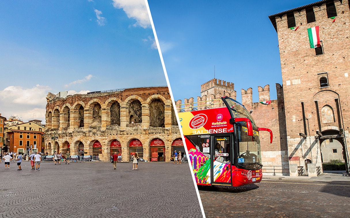 Verona Arena and hop-on hop-off bus near Castelvecchio, Verona.