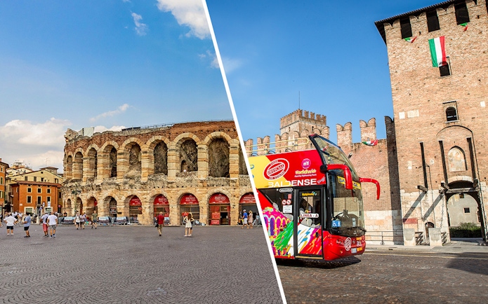 Verona Arena and hop-on hop-off bus near Castelvecchio, Verona.