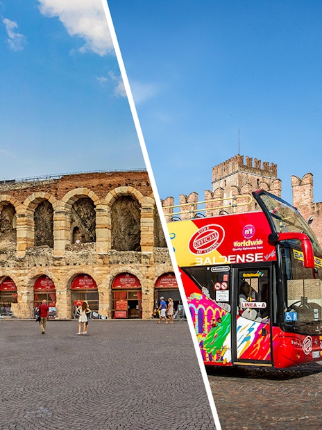 Verona Arena and hop-on hop-off bus near Castelvecchio, Verona.