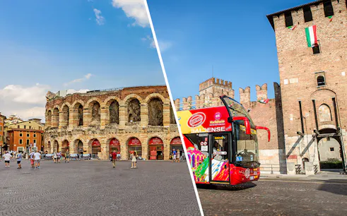 Verona Arena and hop-on hop-off bus near Castelvecchio, Verona.