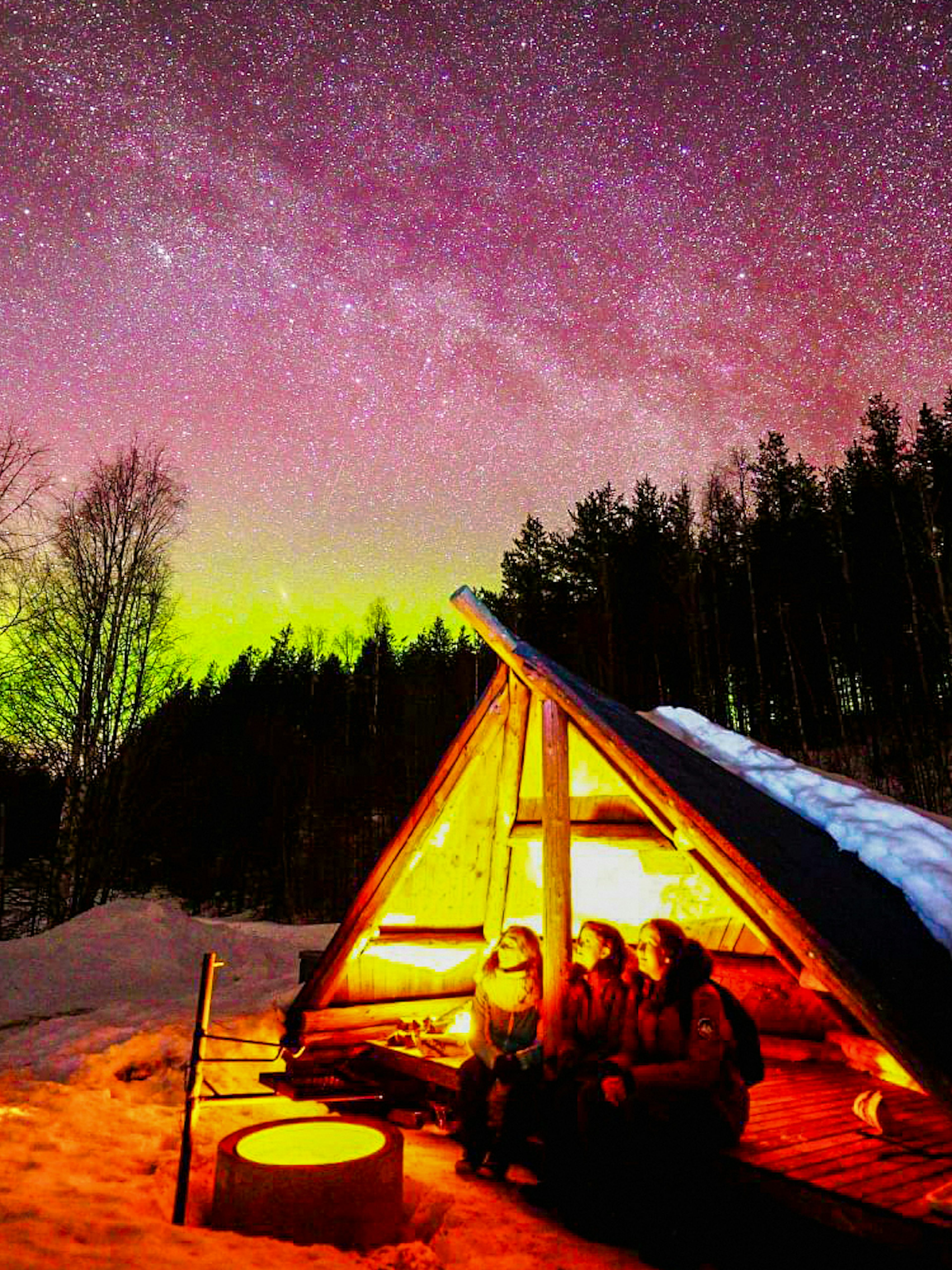 Chasing Northern Lights in Rovaniemi with traditional barbecue under starry sky.