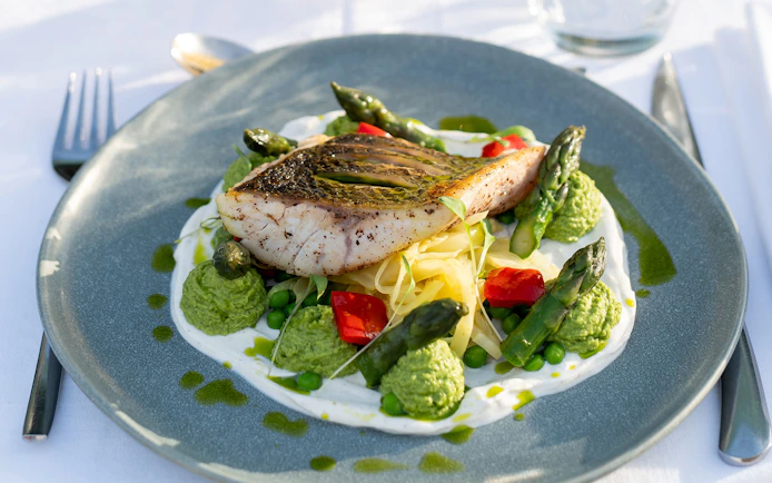 Grilled fish with asparagus and vegetables on Le Diamant Bleu Seine River dinner cruise.