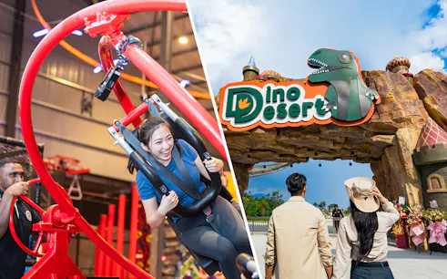 Indoor thrill ride and entrance to Dino Desert at Conquer Indoor Extreme and Park.