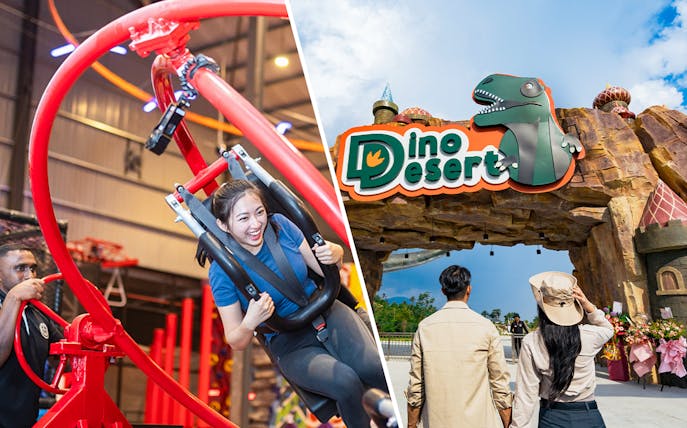 Indoor thrill ride and entrance to Dino Desert at Conquer Indoor Extreme and Park.