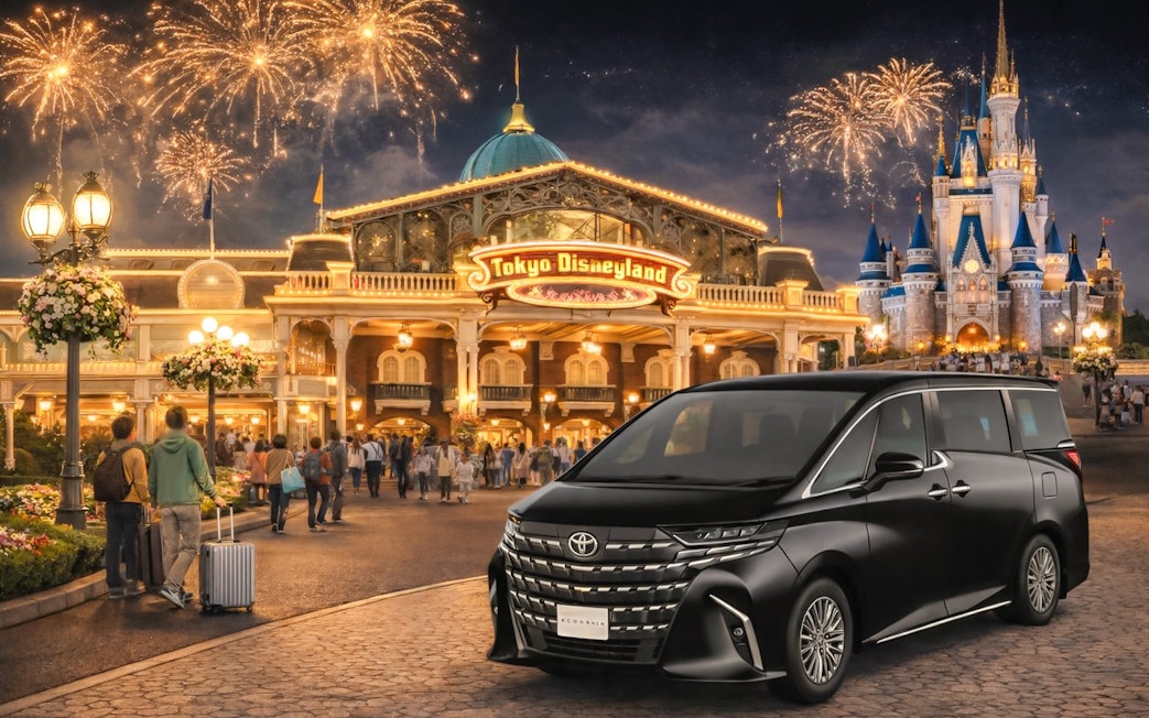 Shuttle taxi parked in front of Tokyo Disneyland entrance with fireworks in the background.