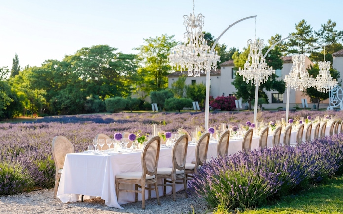 Outdoor dining setup in a lavender field at Terre Ugo, Provence.