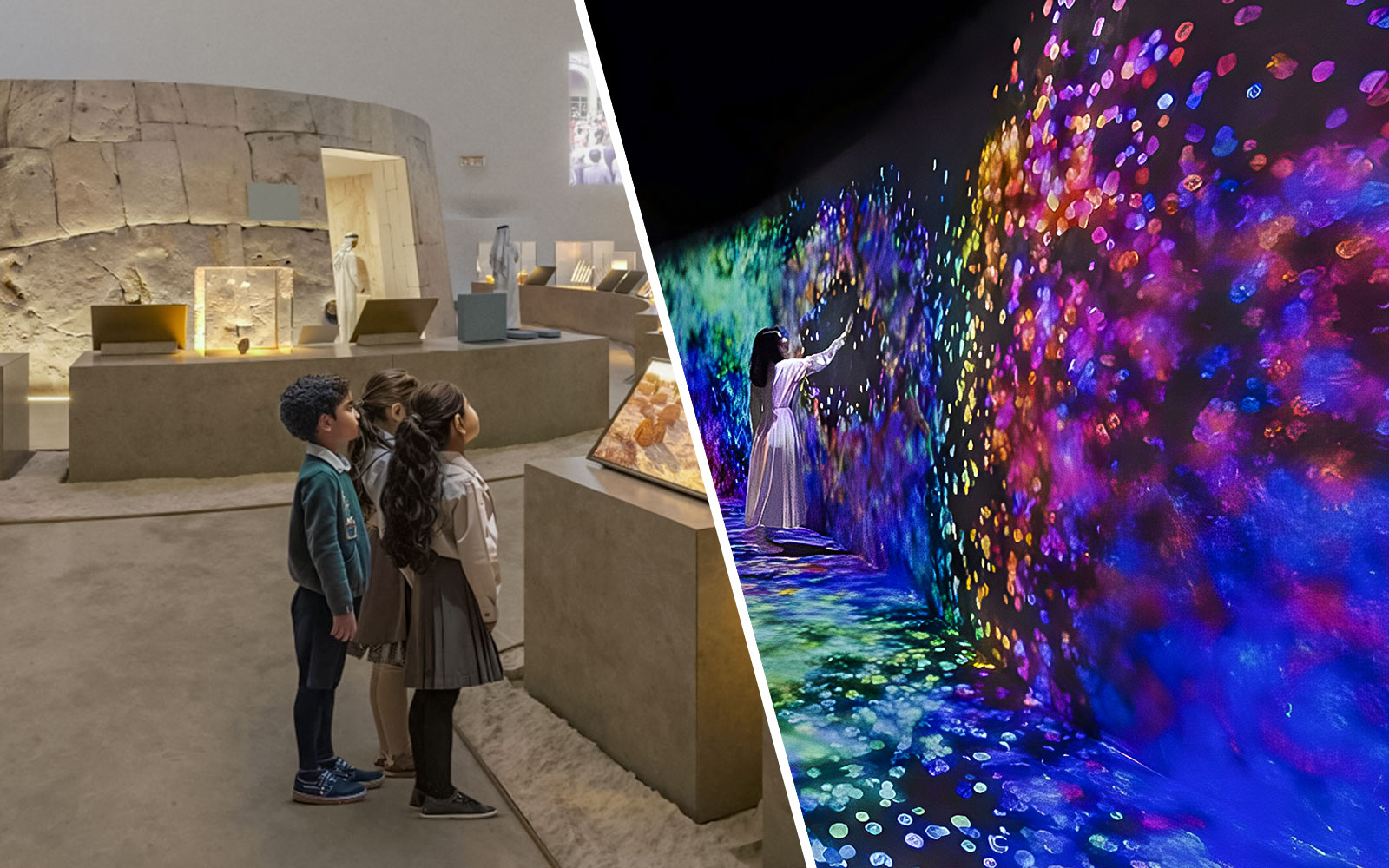 Children observing exhibits at Zayed National Museum, Abu Dhabi.