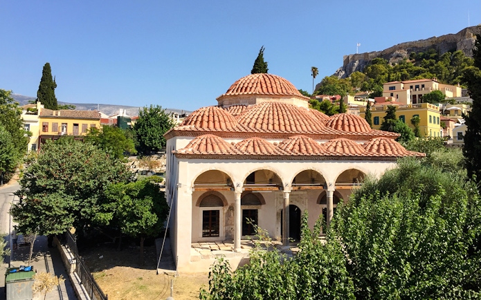 Fethiye Mosque with red-tiled domes in the ancient Roman Agora, Athens.
