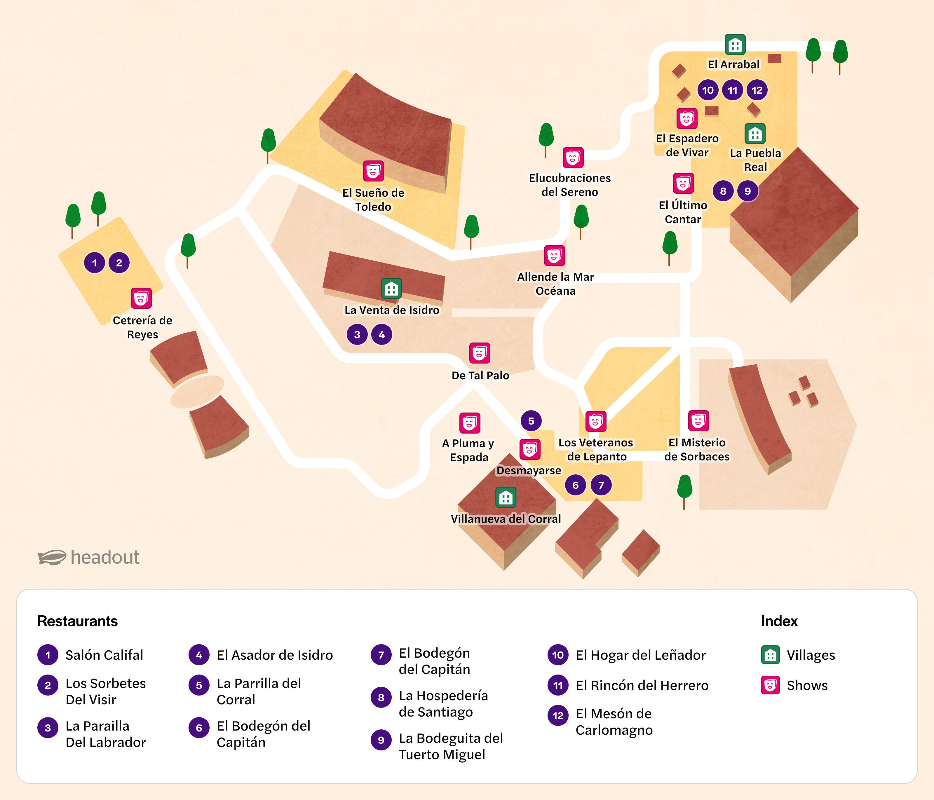 Puy du Fou España map highlighting attractions and show locations in Toledo, Spain.