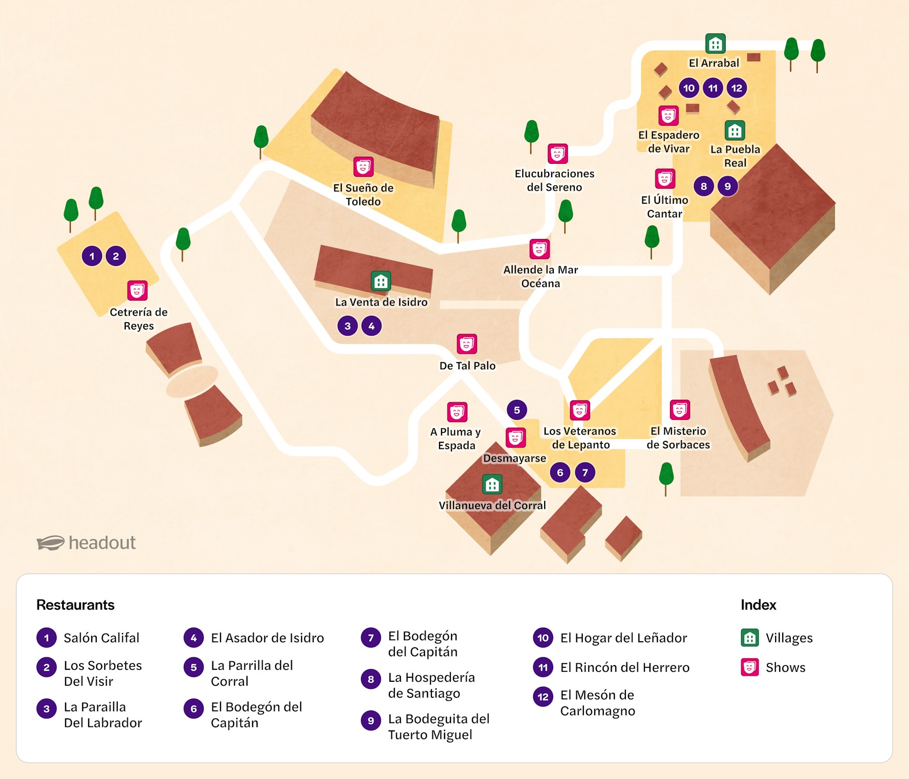 Puy du Fou España map highlighting attractions and show locations in Toledo, Spain.