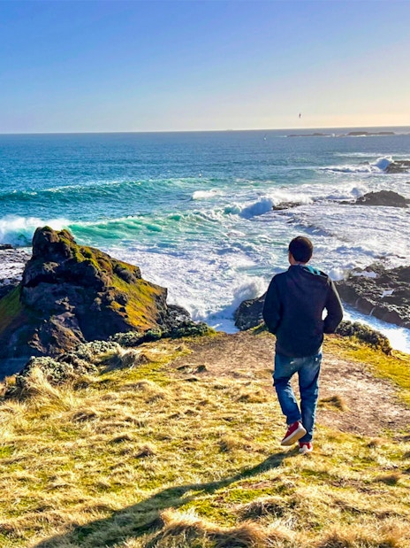 Person overlooking coastal cliffs and ocean on Phillip Island during guided tour from Melbourne.