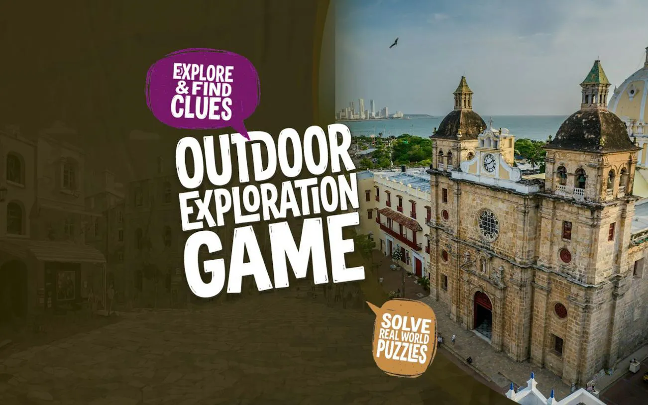 Cartagena cityscape with historic church, part of the Lost Emerald Mystery self-guided exploration game.