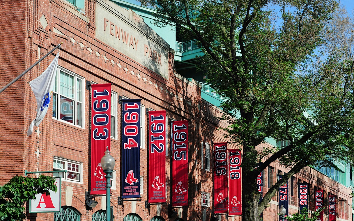 Fenway Park exterior with championship banners, Boston.