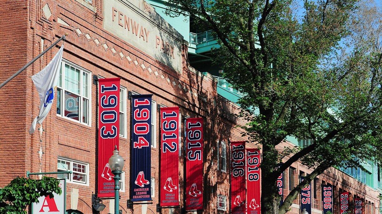 Fenway Park exterior with championship banners, Boston.