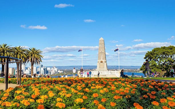 Kings Park War Memorial with city skyline in Perth, Australia.