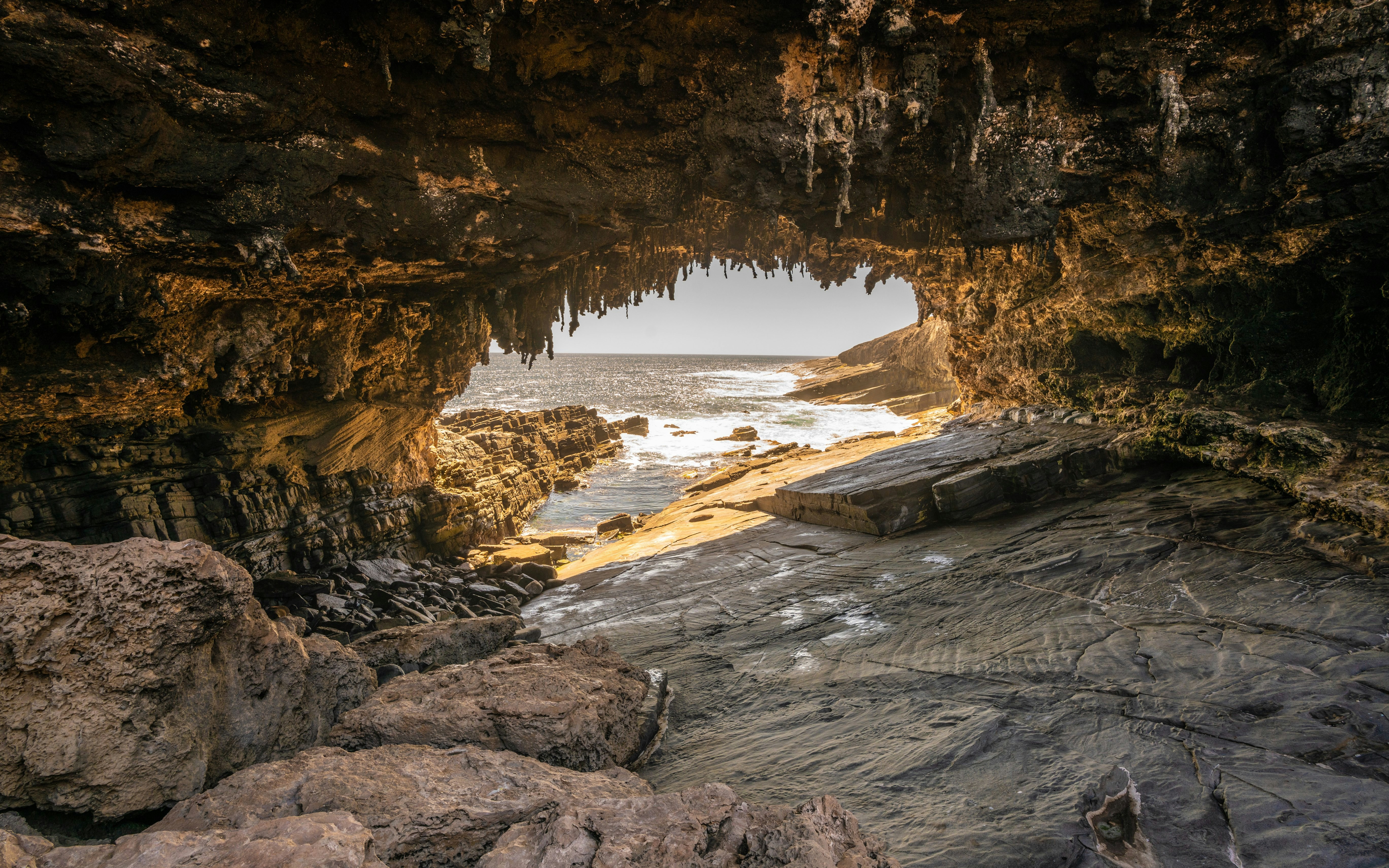 Admirals Arch at sunset with stalactites and ocean view, Kangaroo Island, Flinders Chase National Park.