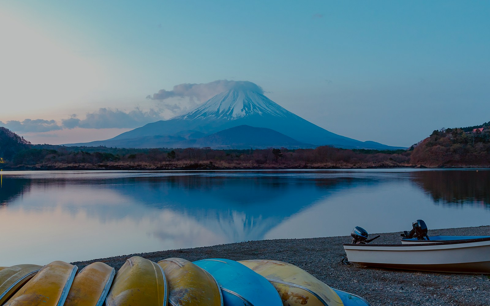 Mount Fuji at twilight after sunset, view from Lake Shoji