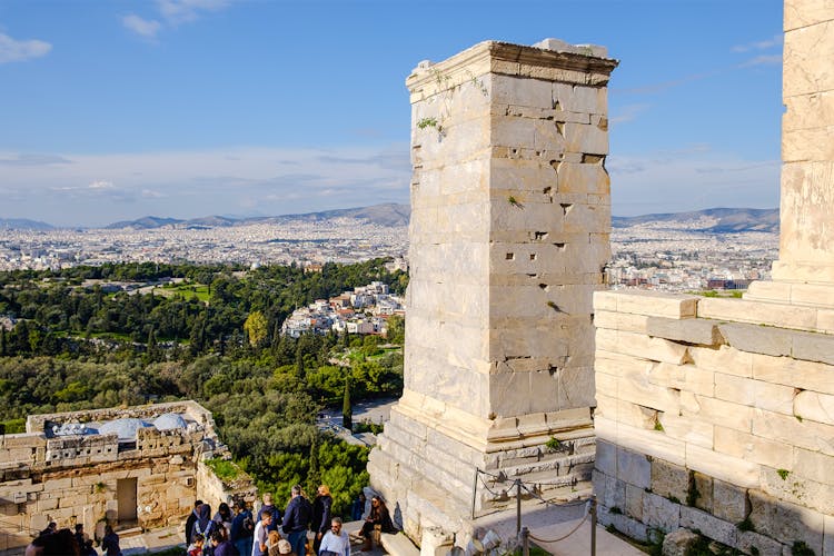 Propylaea entrance at Acropolis, Athens, with Agrippa monument in foreground.