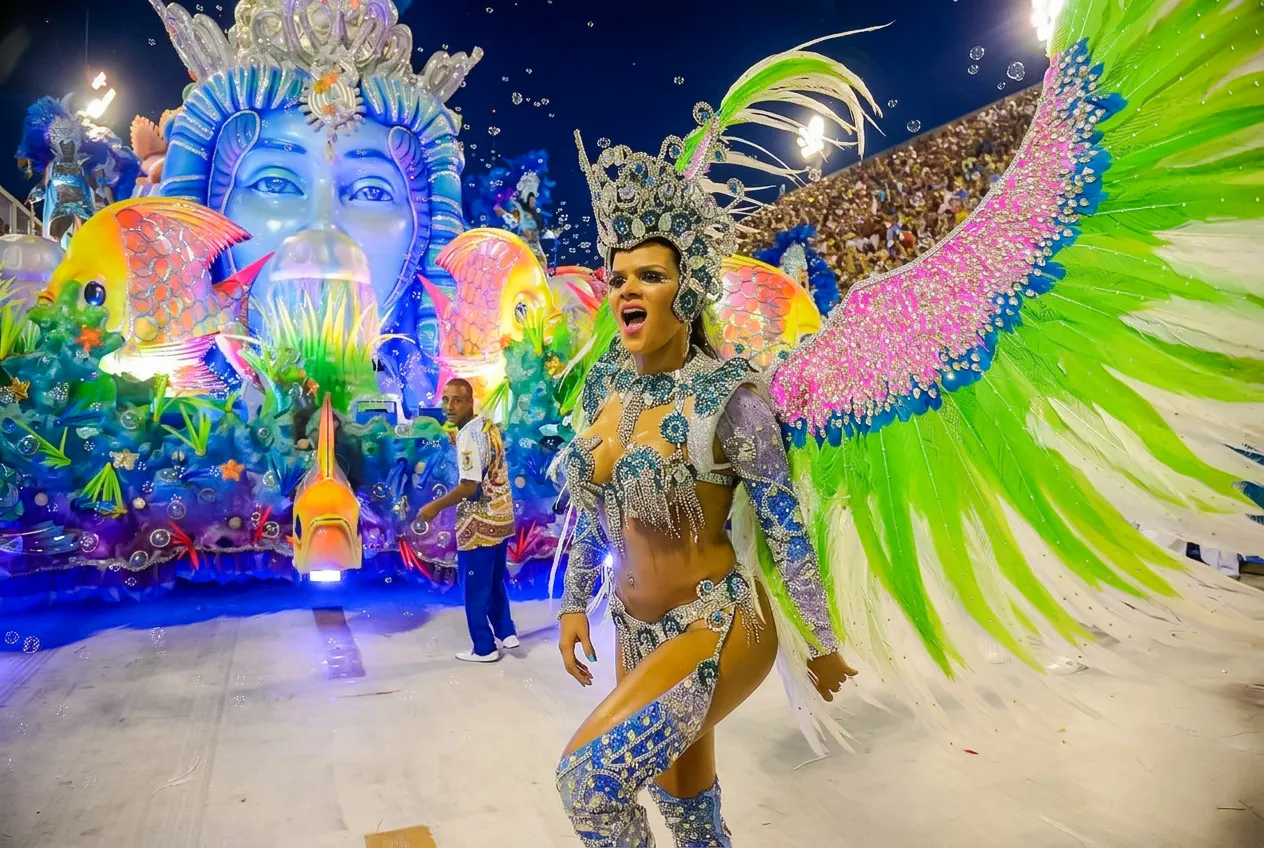Carnival performer in vibrant costume at Sapucaí parade, Rio de Janeiro 2027.