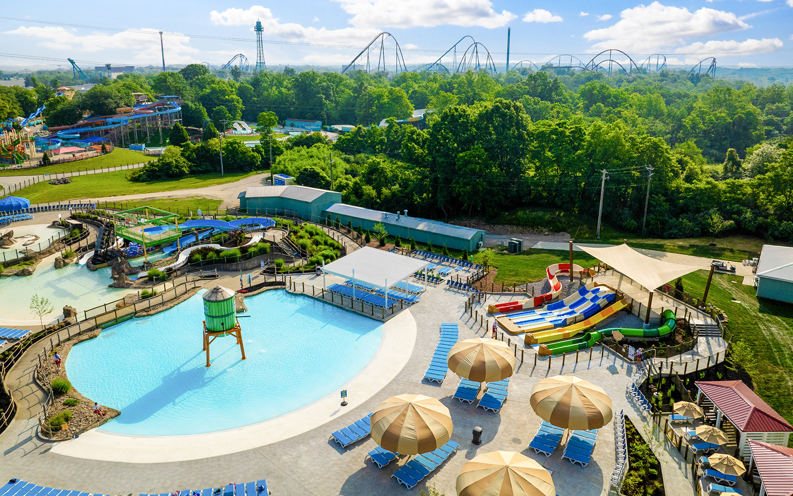 Splash River Junction water park with slides and pools at Kings Island.