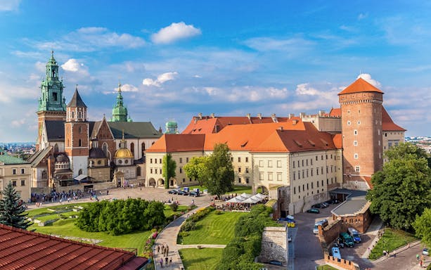 Wawel Cathedral and castle complex in Krakow, Poland, viewed from above.