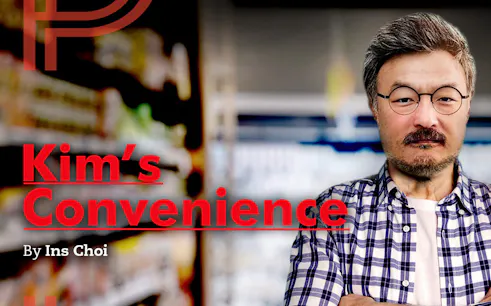 Man in plaid shirt standing in front of store shelves, text reads 'Kim’s Convenience' by Ins Choi.