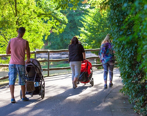 Strollers parked outside the entrance of a tourist attraction in a busy city.