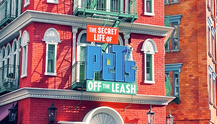 Universal Studios Hollywood 'The Secret Life of Pets: Off the Leash' ride entrance with colorful character displays.