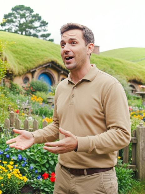 Guide at Hobbiton Movie Set speaking to tour group in front of hobbit house with garden.