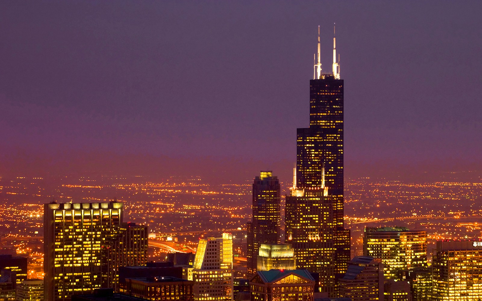Willis Tower illuminated at night with Chicago skyline.