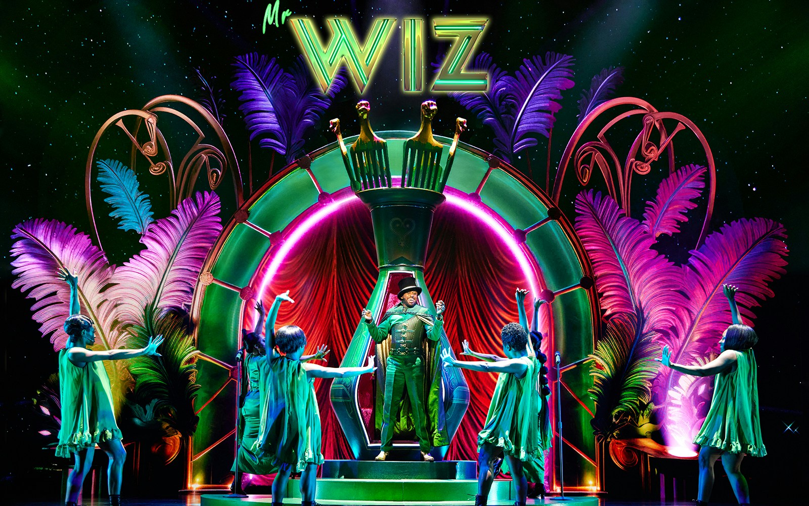 Stage performance of "The Wiz" with vibrant costumes and colorful set design.
