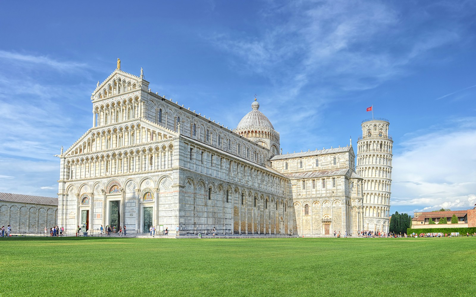 Panoramic view Pisa Cathedral and Leaning Tower during the daytime