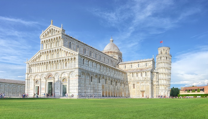 Panoramic view Pisa Cathedral and Leaning Tower during the daytime