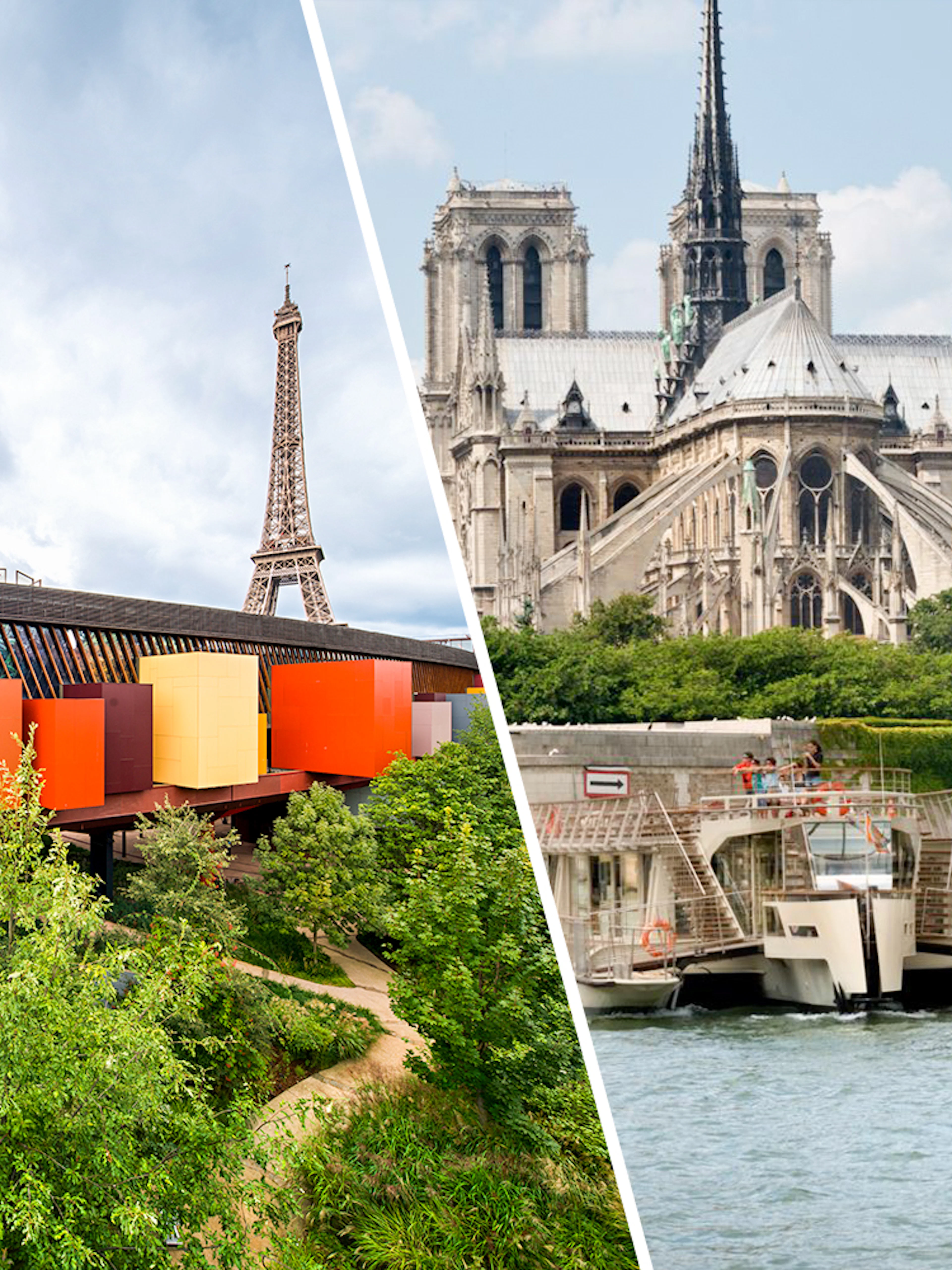 Eiffel Tower view from Musee du Quai Branly with colorful museum facade.