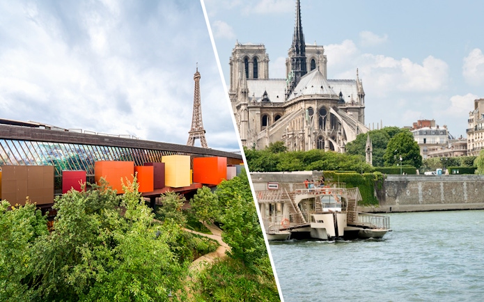 Eiffel Tower view from Musee du Quai Branly with colorful museum facade.