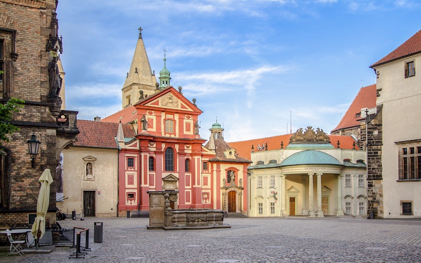 St. George's Basilica and courtyard at Prague Castle during a guided tour.