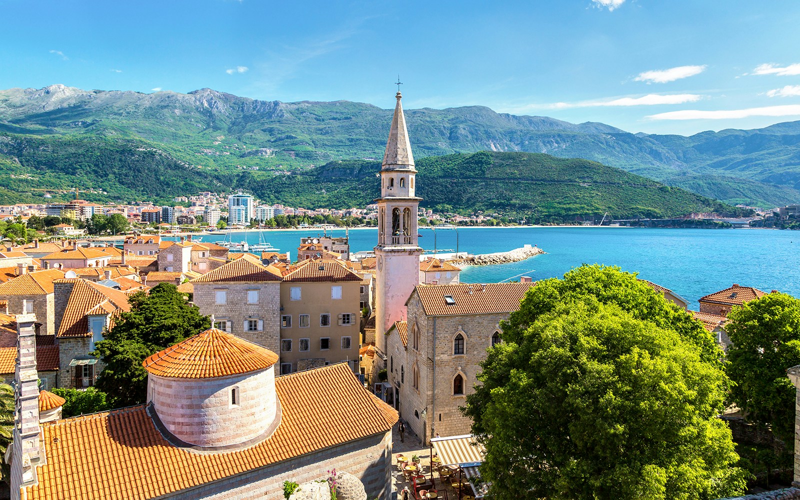 Old town of Kotor with church tower and Adriatic Sea in Montenegro.