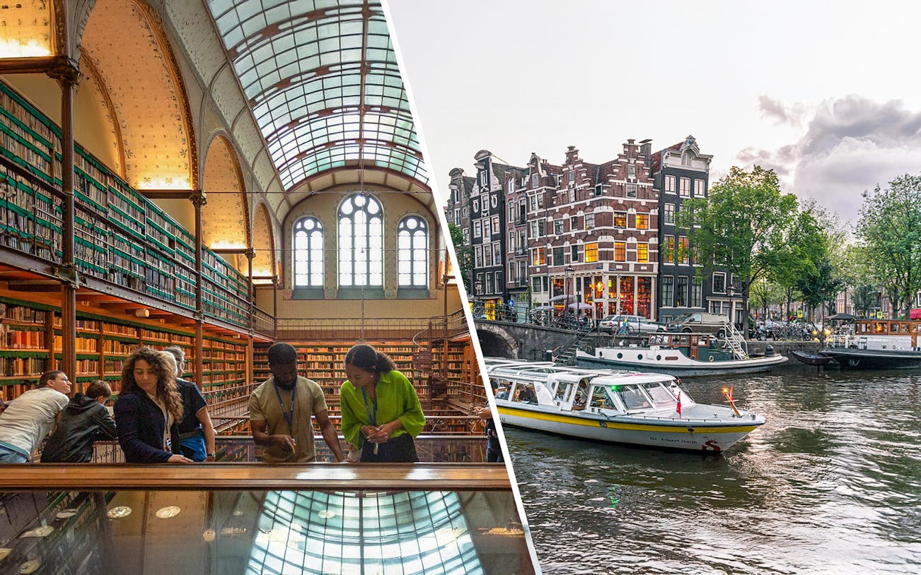 Rijksmuseum interior and Amsterdam canal with sightseeing boat.